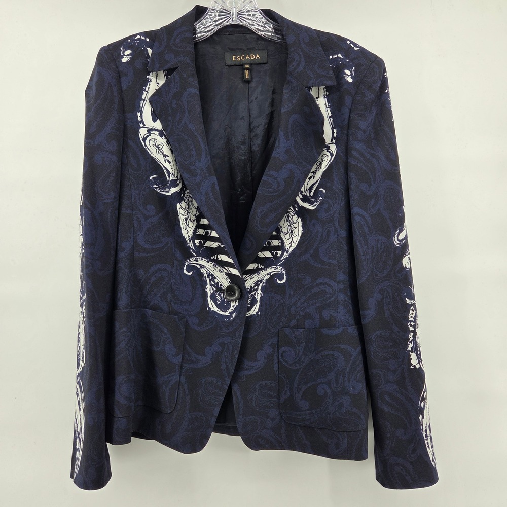 Escada Blazer Size 38 Navy Paisley Graphic Print Boho Art-Inspired